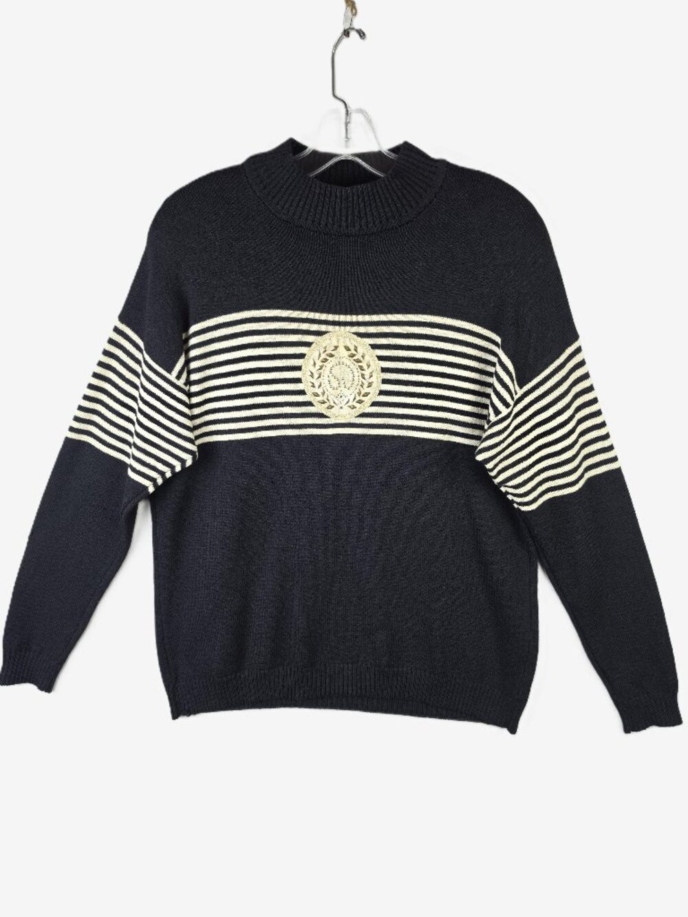 ST JOHN Santana Knit Pullover Sweater Breton Stripes Metallic Logo Nautical sz L